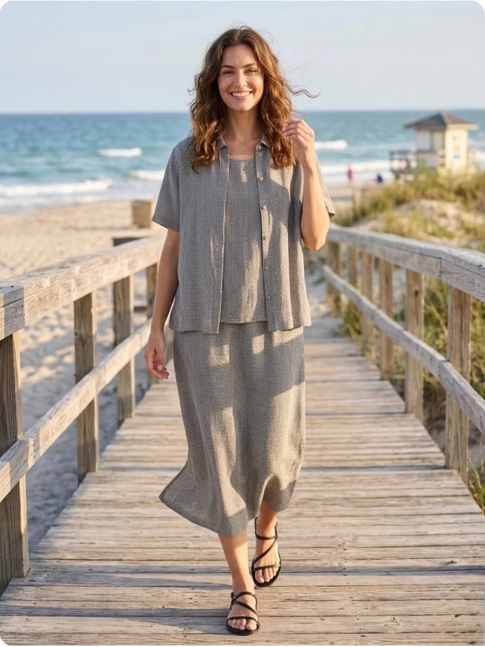 Eileen Fisher Minimalist 3-Piece Matching Mini-Gingham Linen-Rayon Set Size XS/S